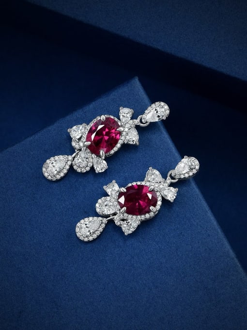 Red corundum [E 2575] 925 Sterling Silver High Carbon Diamond Flower Luxury Cluster Earring